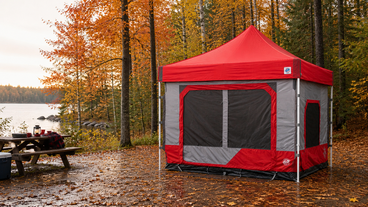 Red E-Z UP Vantage canopy and Camping Cube at an autumn campsite in Canada