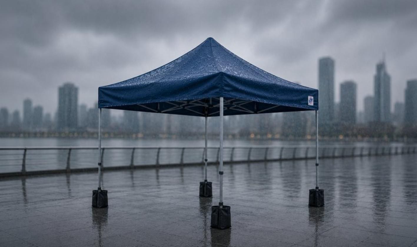 Canopy tent set up in rainy weather with weighted legs, demonstrating weather resistance, stability, and outdoor performance in challenging conditions.