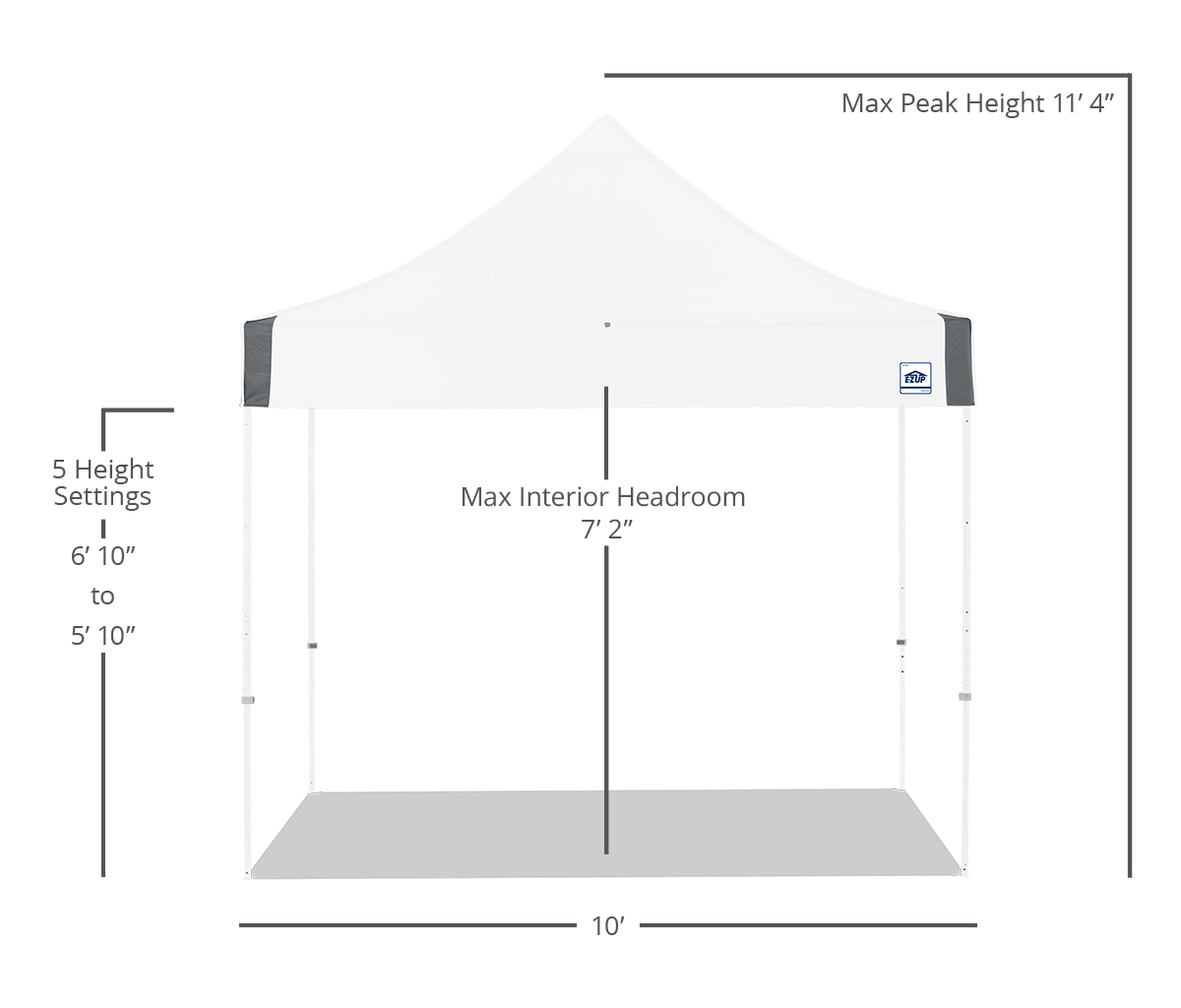 White E-Z UP Eclipse Duralon X2O 10x10 straight-leg waterproof canopy dimensions