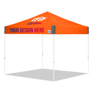 Orange custom canopy tent with customizable text on a white background