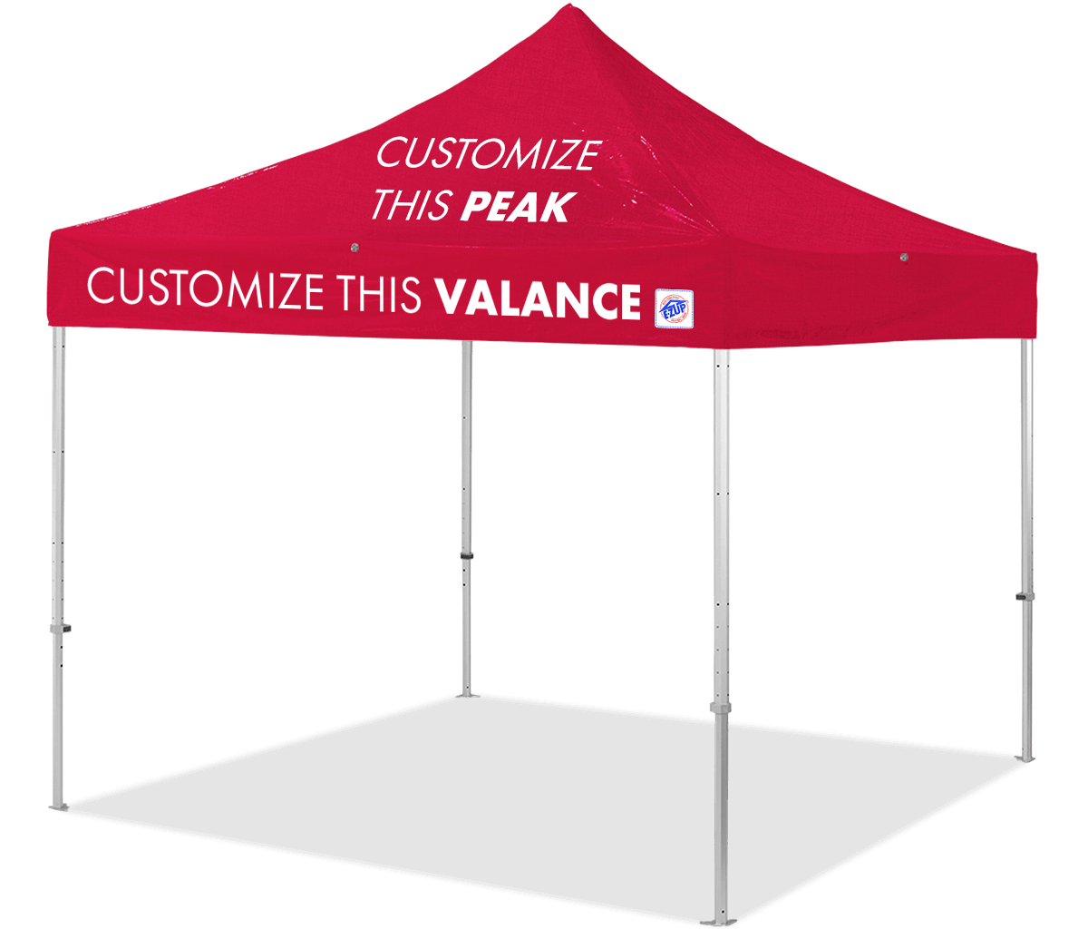 A blue E-Z UP Custom Endeavor Vinyl Tent with customizable peak and valance panels, displayed against a white background.